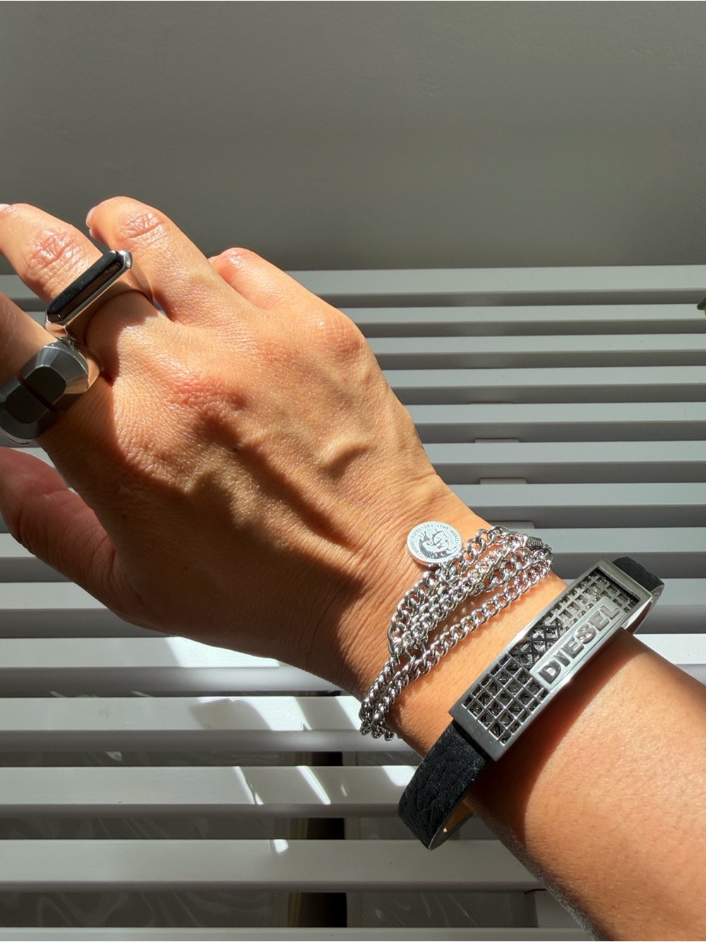 Diesel NWT Black Leather & Silver-Tone Chain Logo Bracelet